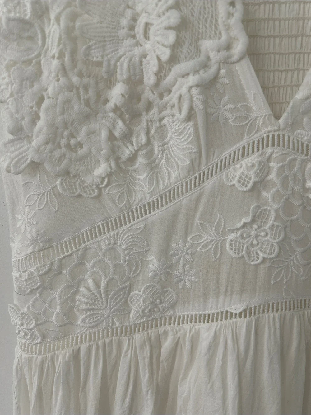 White Lace Bohemian Maxi Dress Tiered Smocked Empire Waist Embroidered Bridal - Picture 3 of 16